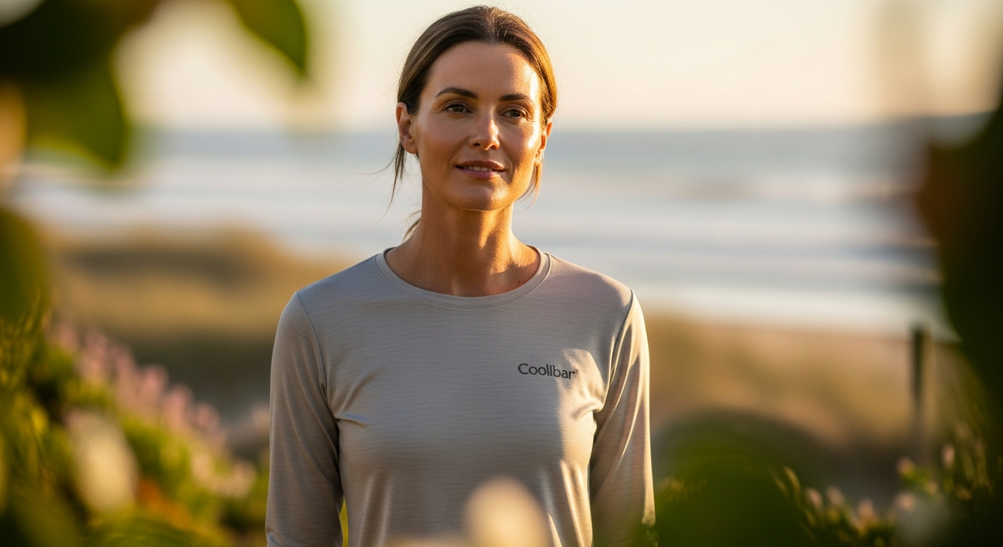 Woman wearing Coolibar UPF 50+ long-sleeve sun protection shirt outdoors hiking