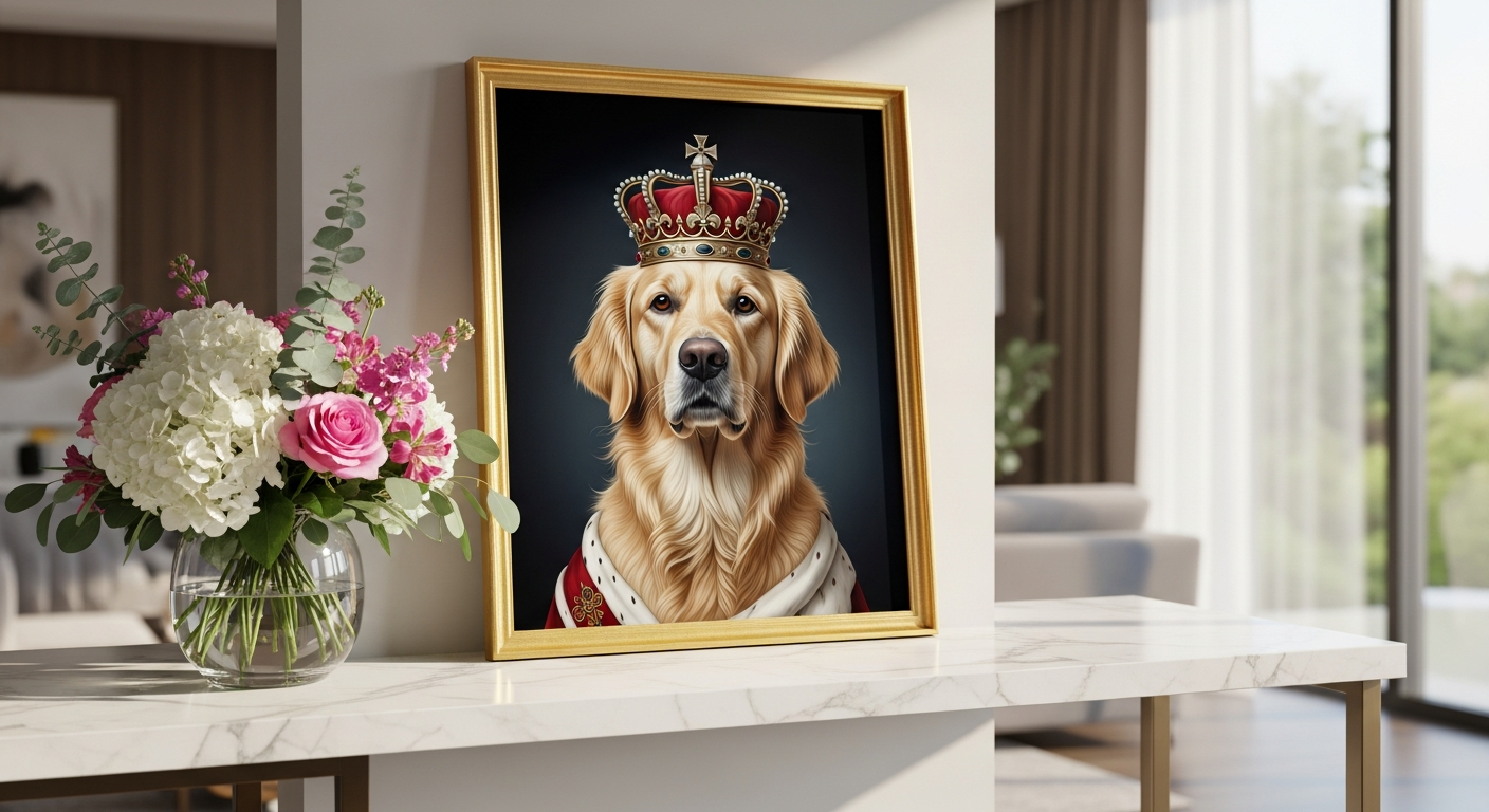 Custom pet canvas portrait showing a dog in regal Renaissance costume artwork