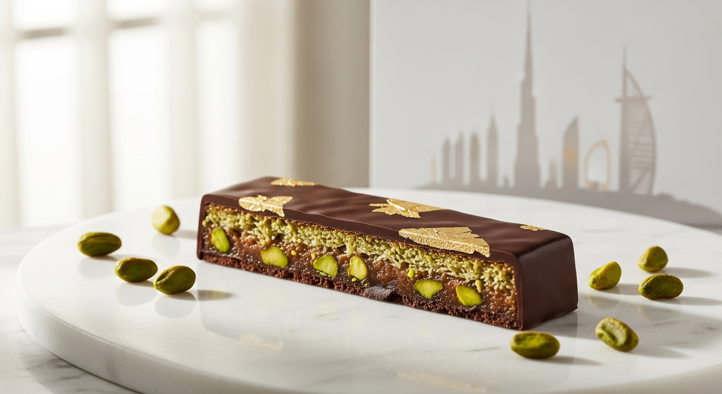 Luxurious Dubai-style pistachio kunafa chocolate bar with layered textures and premium packaging