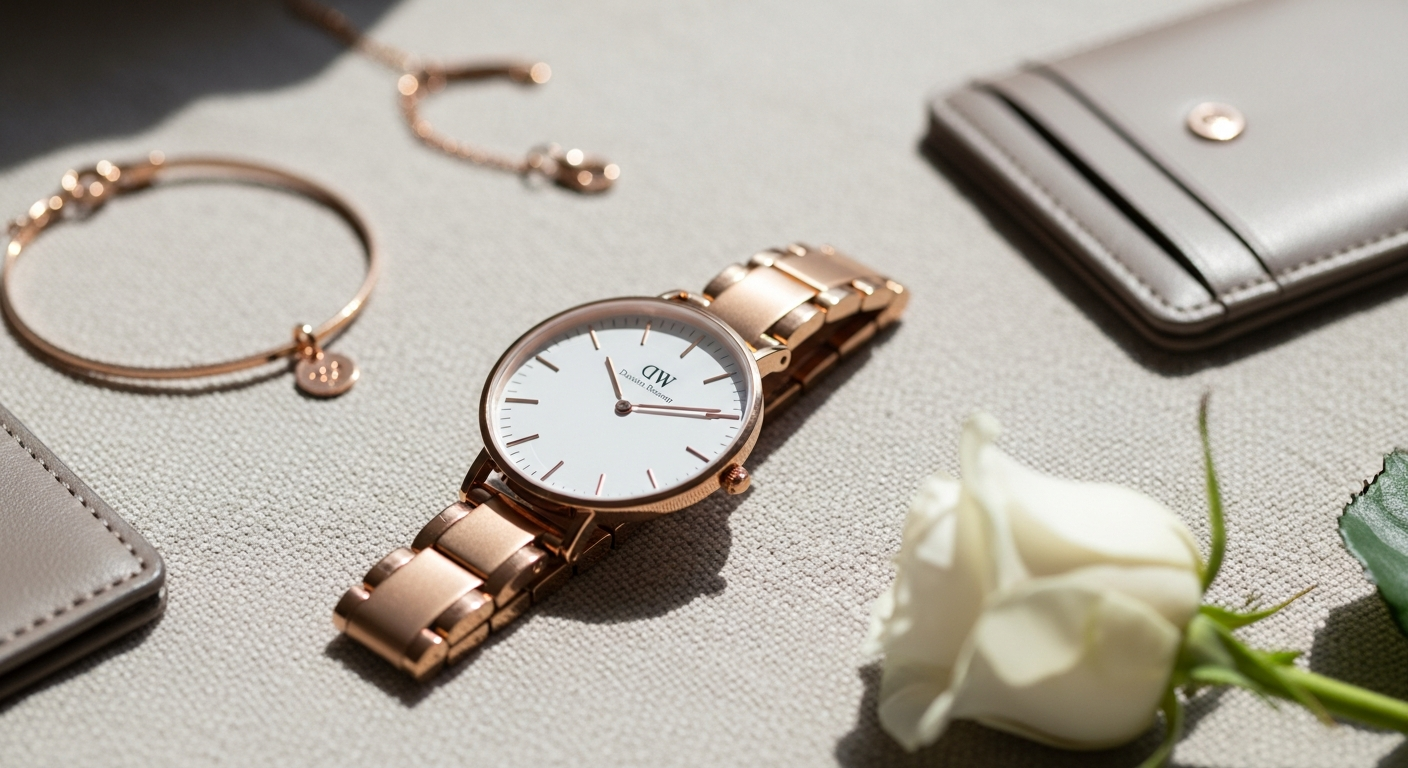 Daniel Wellington Classic Petite Melrose Watch with interchangeable rose gold mesh strap on wrist