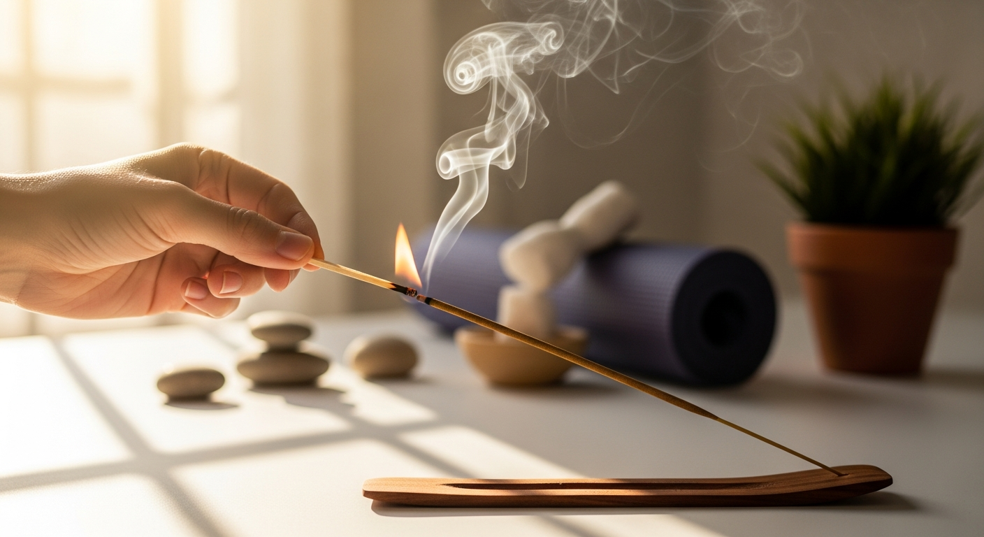 Satya Nag Champa incense sticks burning in holder with aromatic smoke wisping upward