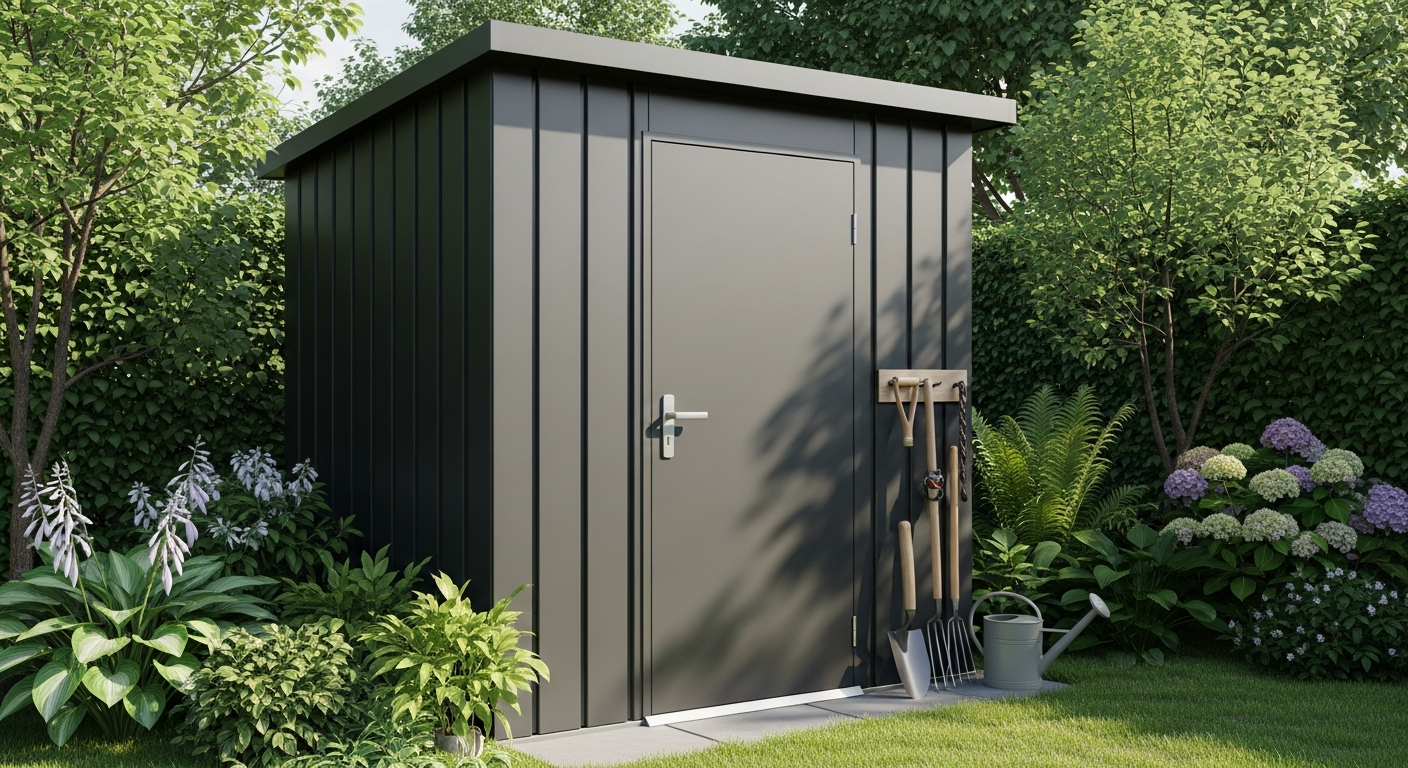 DeubaXXL Anthracite Metal Garden Shed exterior showing galvanized steel construction and dual sliding doors