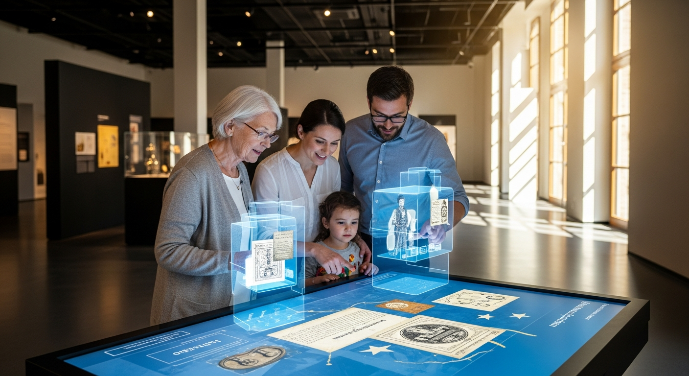 Deutschlandmuseum Interactive 4D History Experience immersive exhibition hall with visitors exploring themed worlds at Potsdamer Platz Berlin