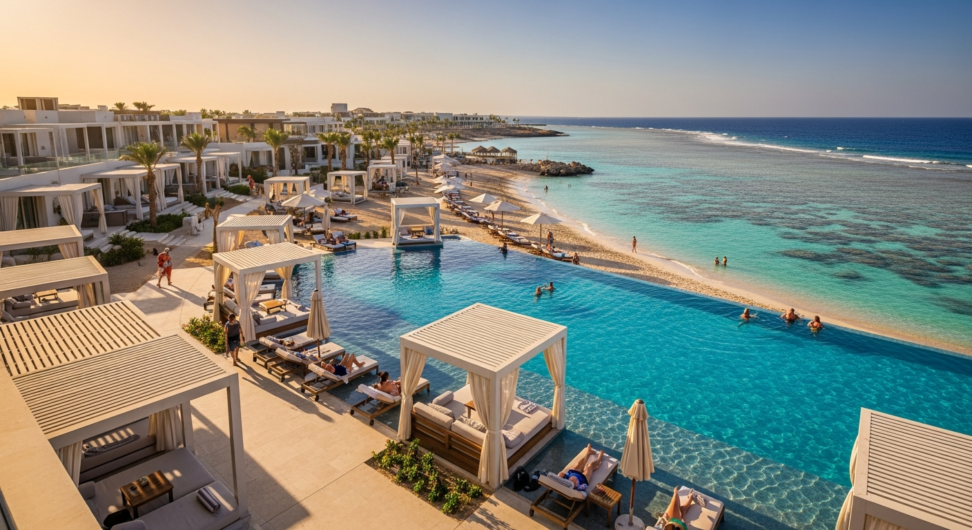 Family enjoying beach vacation at Red Sea Egypt all-inclusive resort with turquoise water