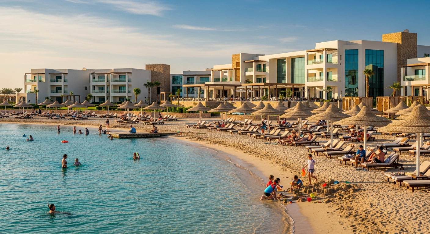 Luxury beachfront resort with turquoise Red Sea waters and white sandy beach
