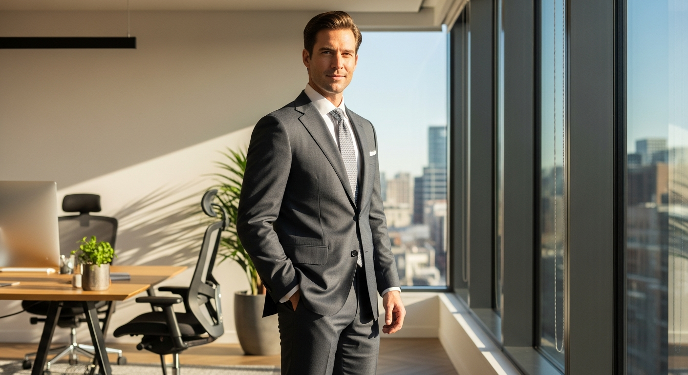 Professional man wearing affordable Emensuits business suit in modern office setting