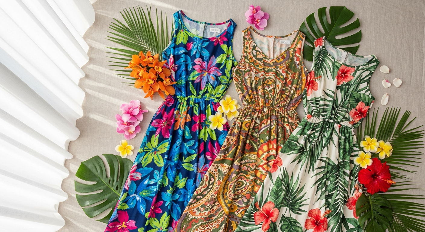 Vibrant Farm Rio printed maxi dress with bold tropical botanical patterns and flowing silhouette