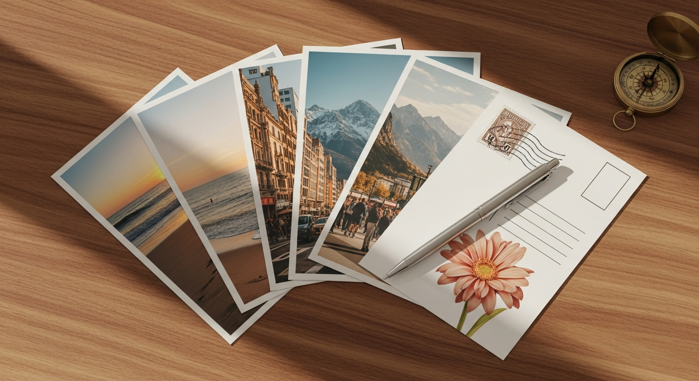 Colorful personalized photo postcards with custom designs and handwritten messages displayed together