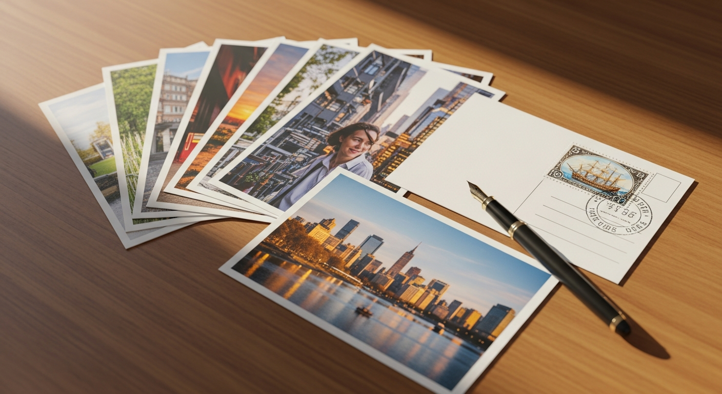 Personalized photo postcard with custom design and handwritten message displayed on wooden surface