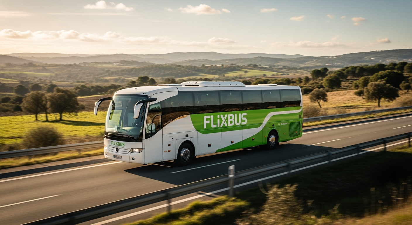 Flixbus double-decker bus traveling on highway between Lisbon and Madrid