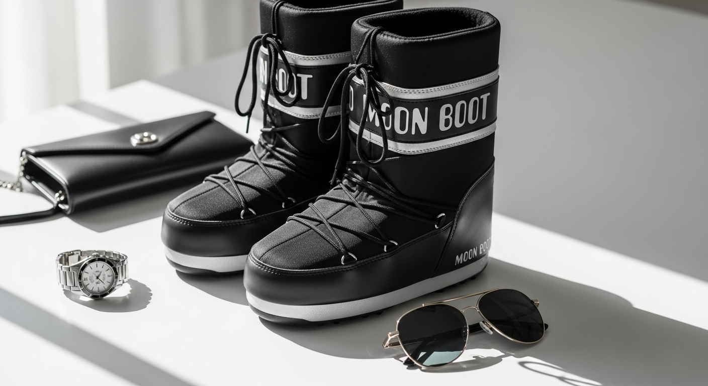 Moon Boot iconic winter boots in silver and white colorways displayed on snowy mountain backdrop