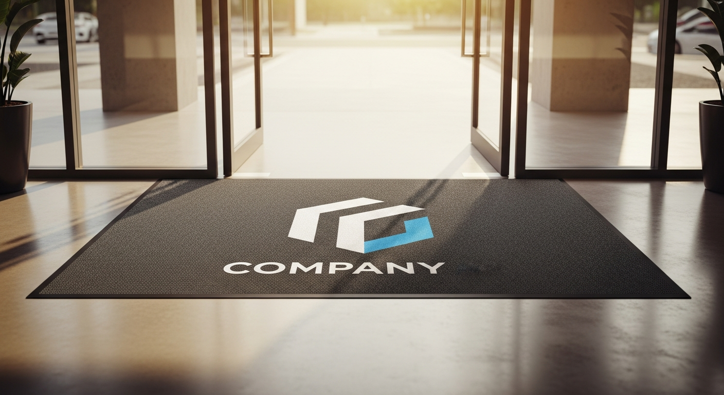 Custom logo floor mat with business branding displayed at professional entrance
