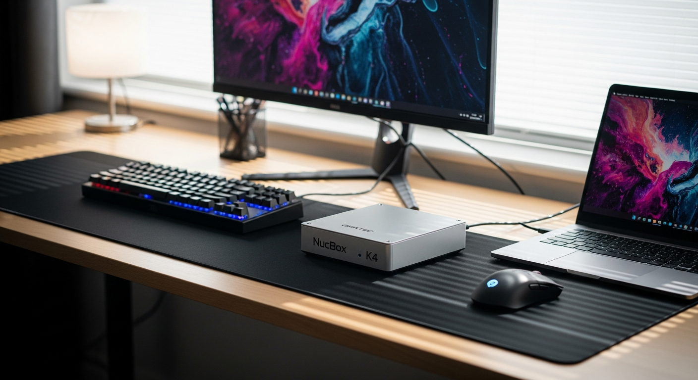 GMKtec NucBox K4 compact mini PC with AMD Ryzen processor displayed on desk