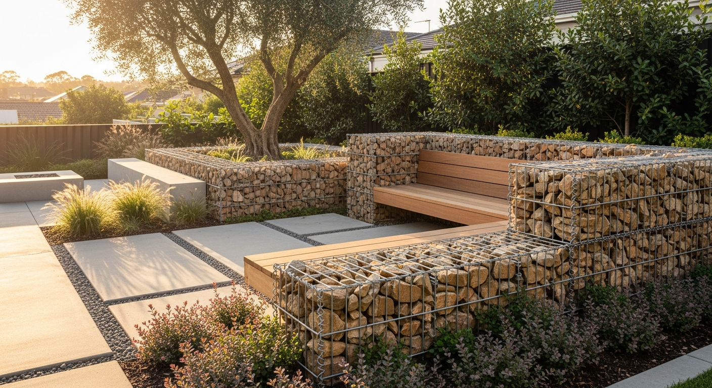 Gabiona Standard Gabion Baskets filled with natural stone in modern landscape garden design