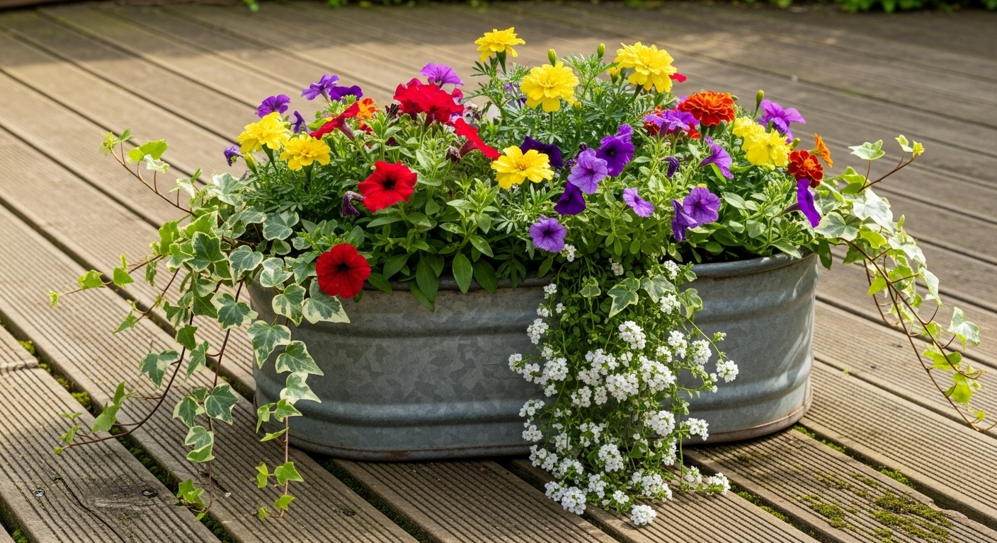 CobraCo 36-inch horse trough planter filled with colorful cascading flowers on a rustic garden patio