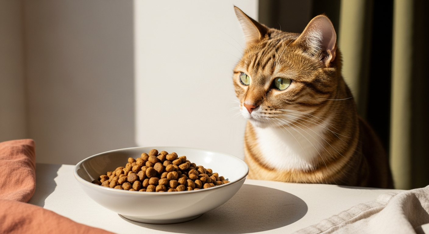 Premium dry cat food kibble in bowl for selective feline eaters