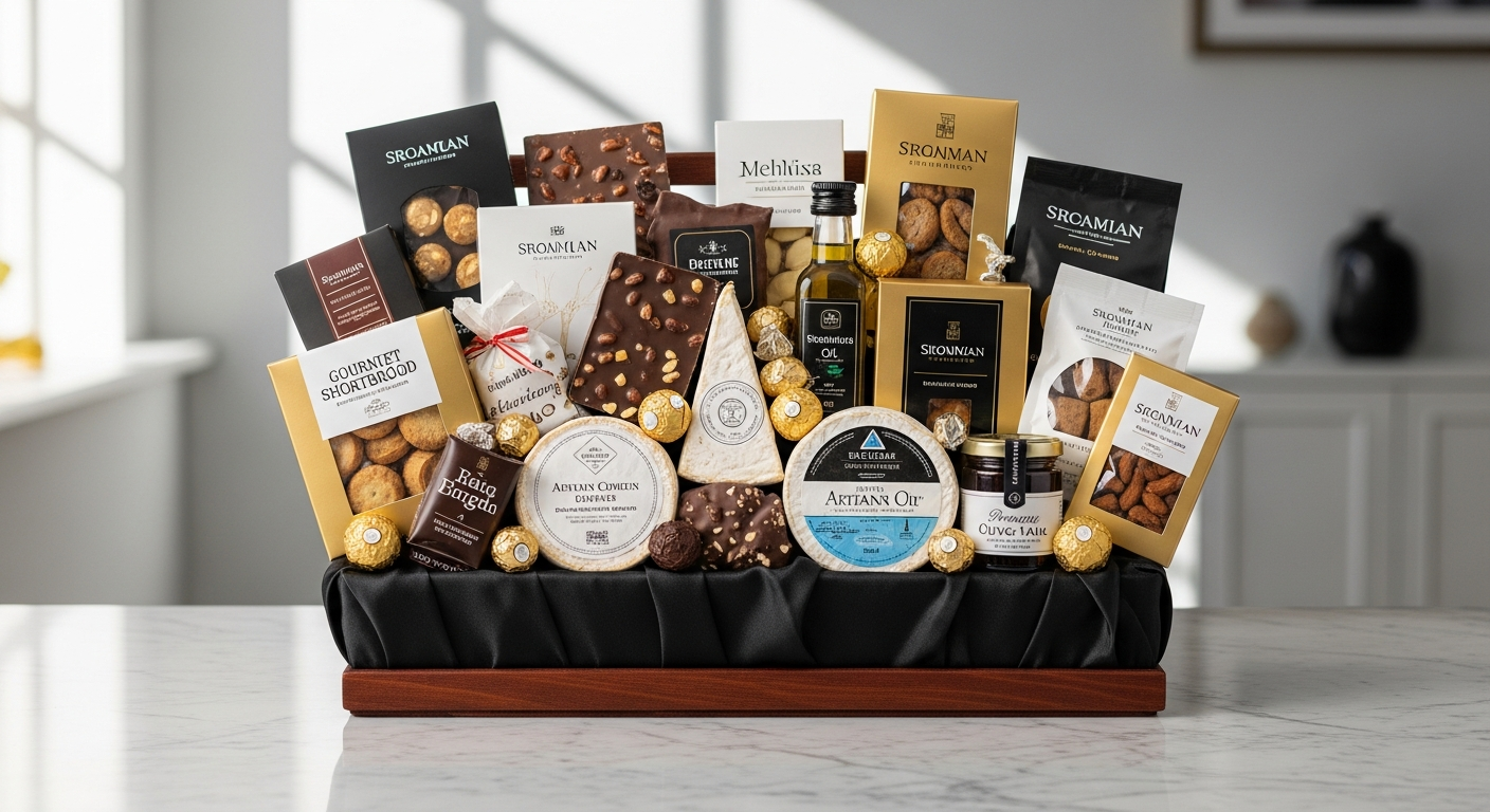 Premium gourmet gift basket with chocolates, treats, and metallic accents