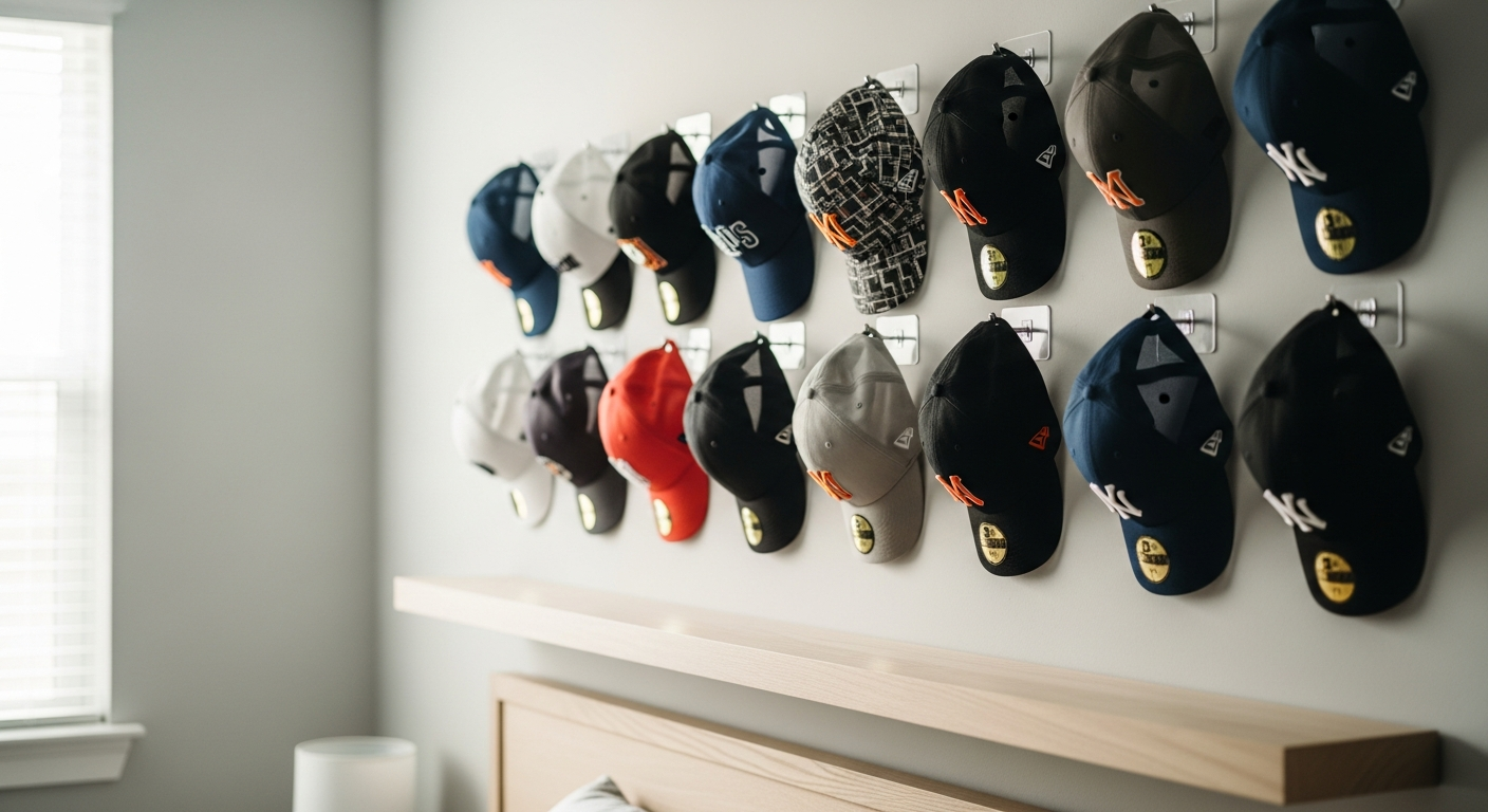 Adhesive baseball cap organizer hooks mounted on white wall displaying organized baseball caps