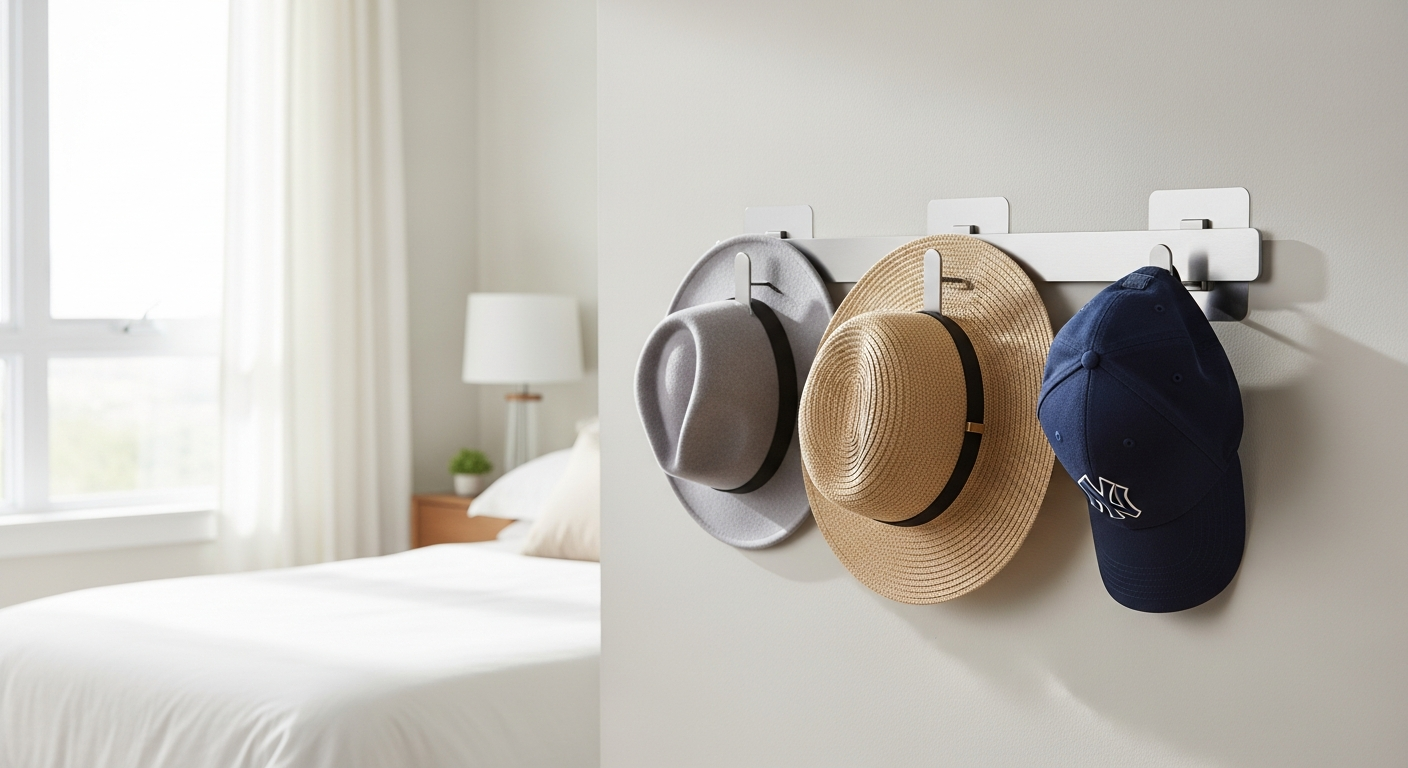 Adhesive wall hat rack organizer holding multiple baseball caps on white drywall