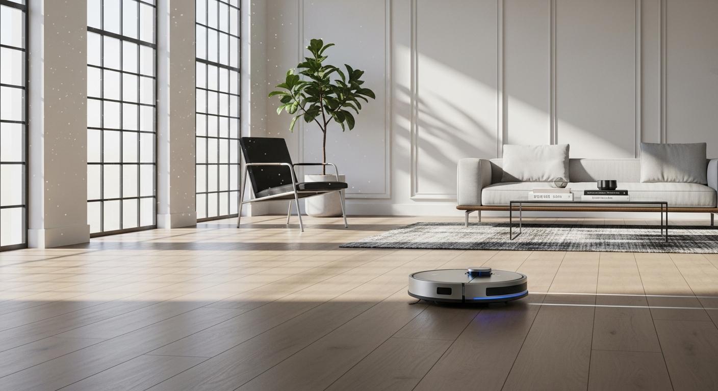 Smart robot vacuum cleaner cleaning hardwood floor in modern living room