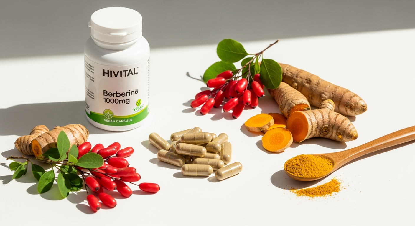 HIVITAL Berberine 1000mg Vegan Capsules supplement bottle with green plant leaves background