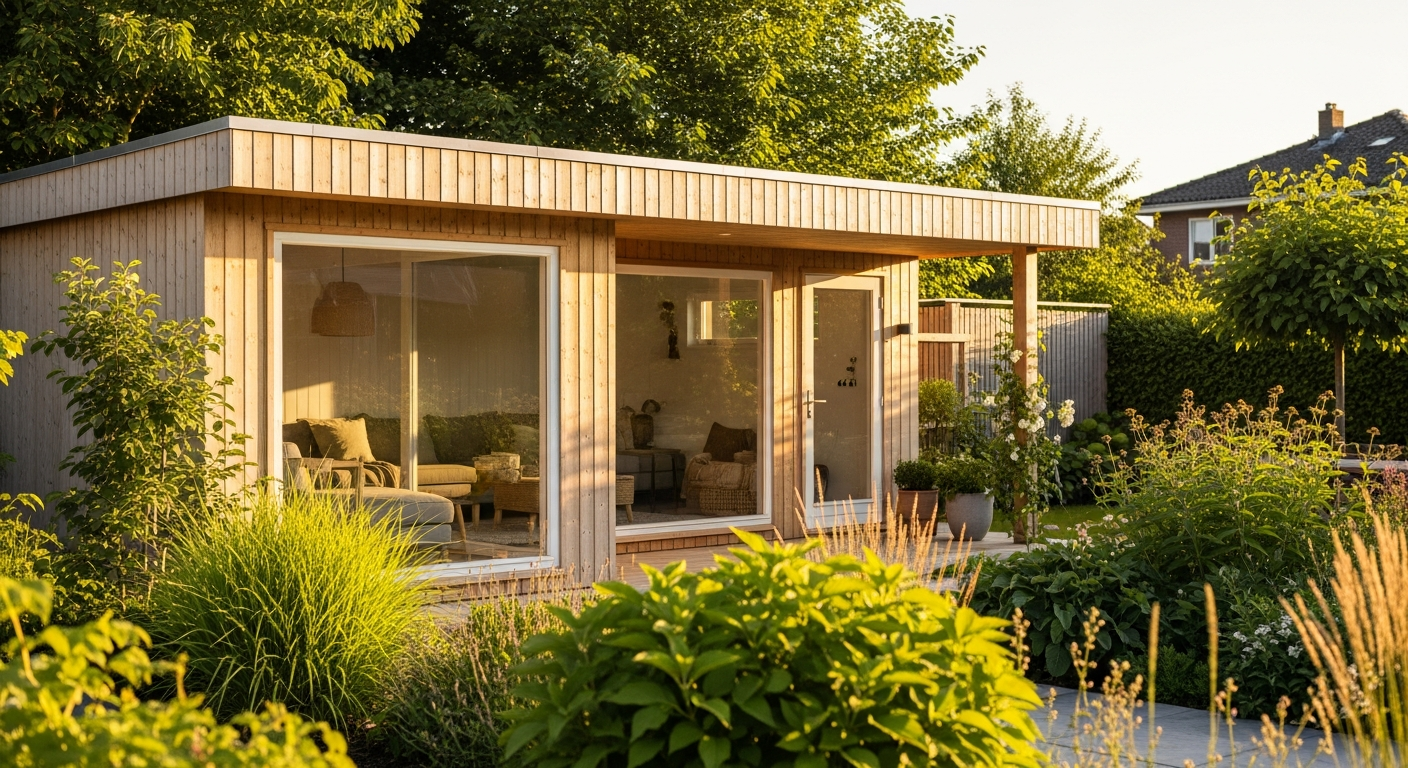 Modern wooden garden house with Nordic spruce construction and double-glazed windows