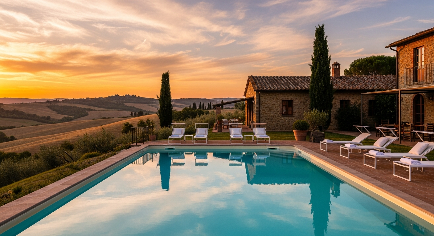 Luxury Tuscan villa with private pool overlooking rolling vineyards and cypress trees