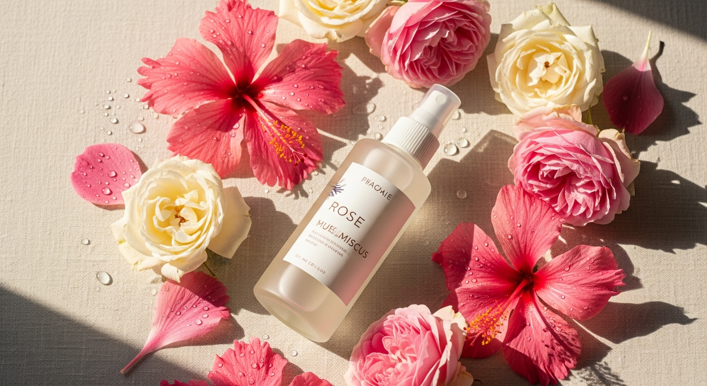 Holysticspa Rose Hibiscus Hydrating Mist bottle with fresh rose and hibiscus flowers displayed