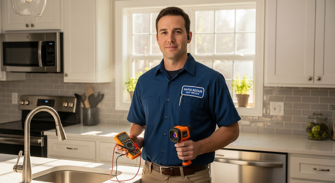 HomeServe MesBonsPros technician responding to emergency burst pipe repair at night