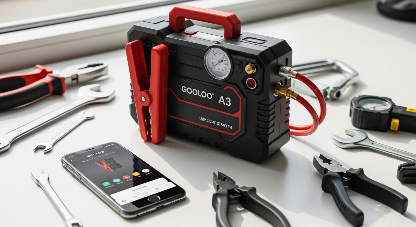 GOOLOO A3 Jump Starter Air Compressor with jumper cables and digital display showing tire pressure