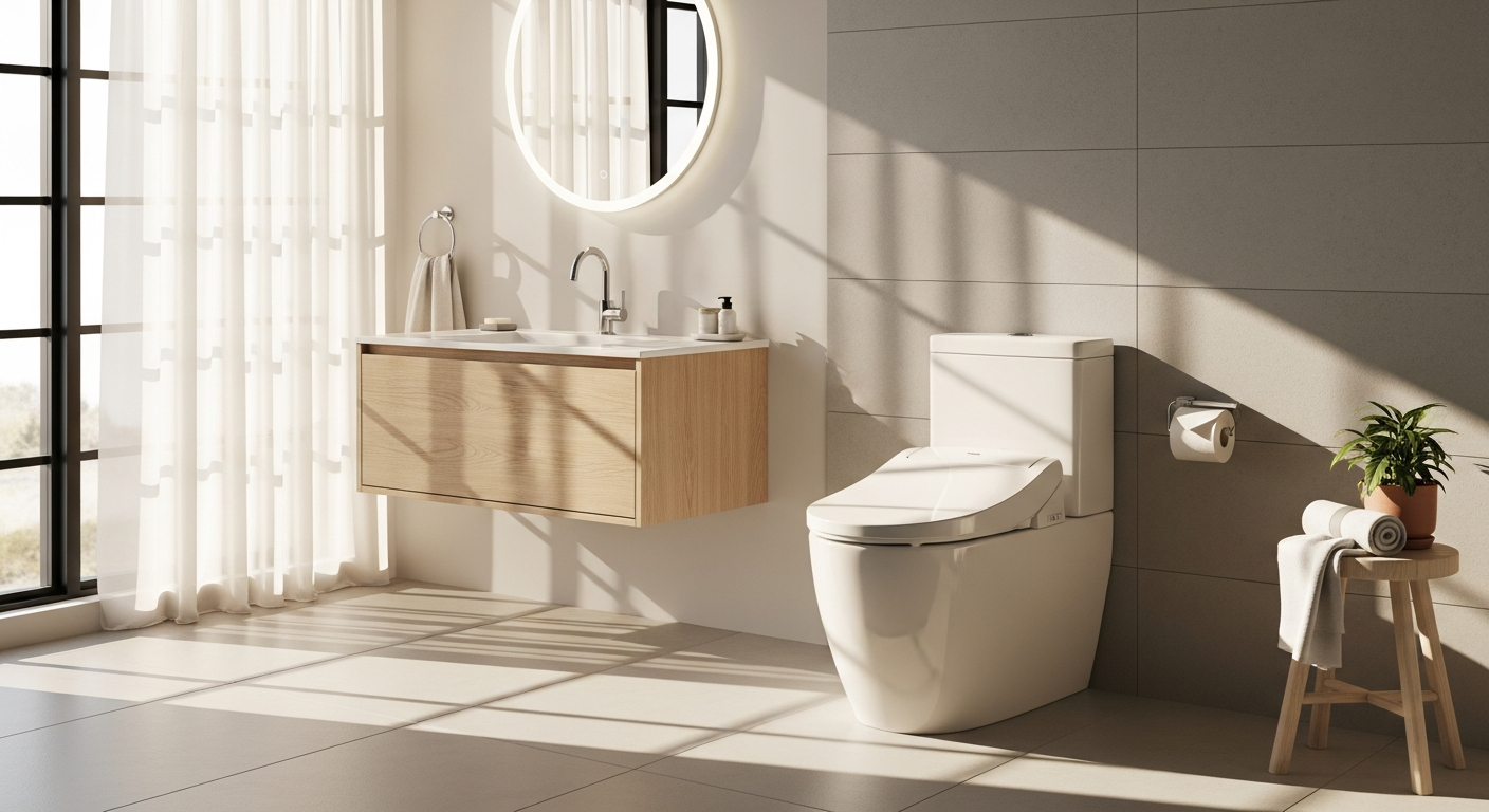 Modern white one-piece smart bidet toilet with sleek contemporary design in luxury bathroom
