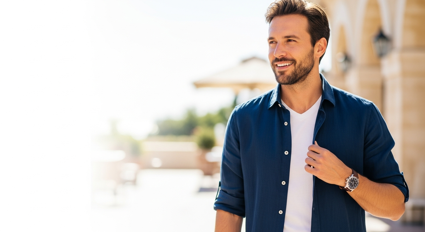 Men's navy blue linen shirt displayed on a neutral background