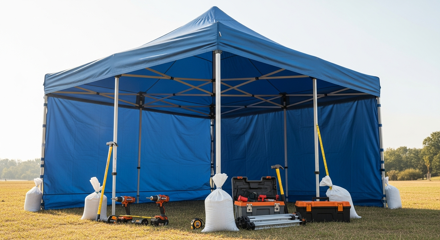 Tente pliante professionnelle robuste blanche montée pour événement extérieur