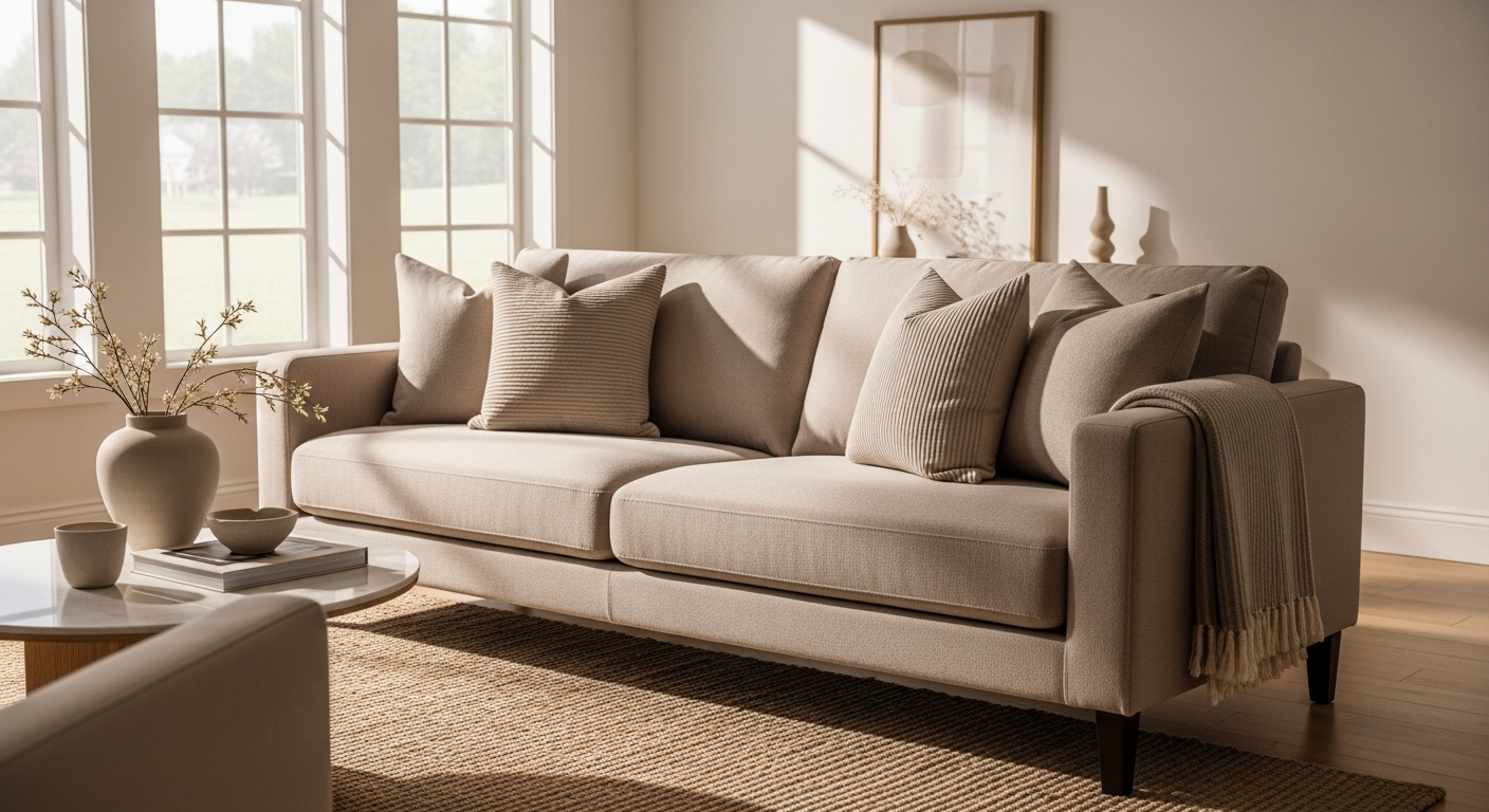 Interior Envy Beatrix Fabric Sofa in neutral tone living room setting