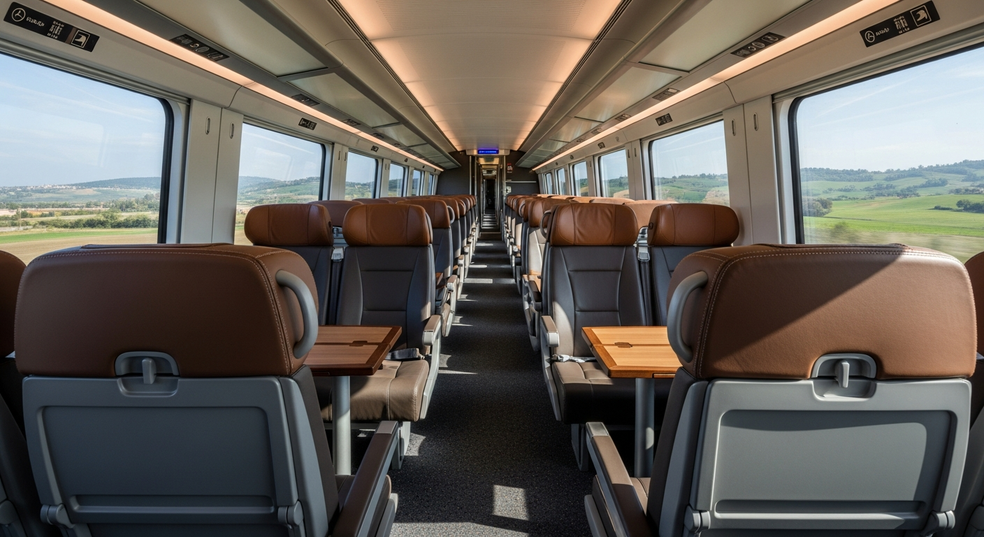 Modern high-speed Italo train traveling through Italian countryside at sunset