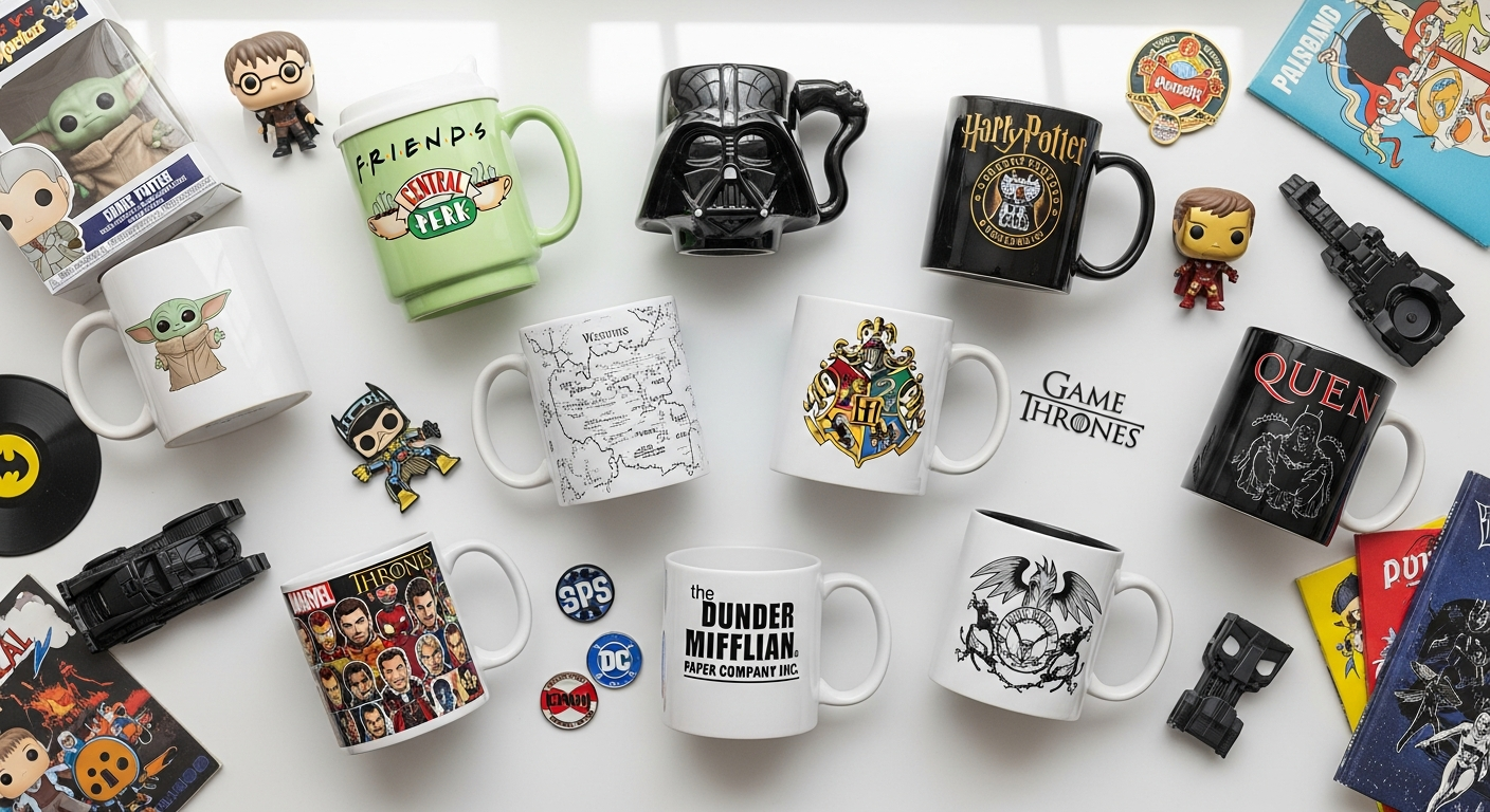 Pop culture themed novelty mugs featuring Harry Potter, Star Wars, and Marvel designs