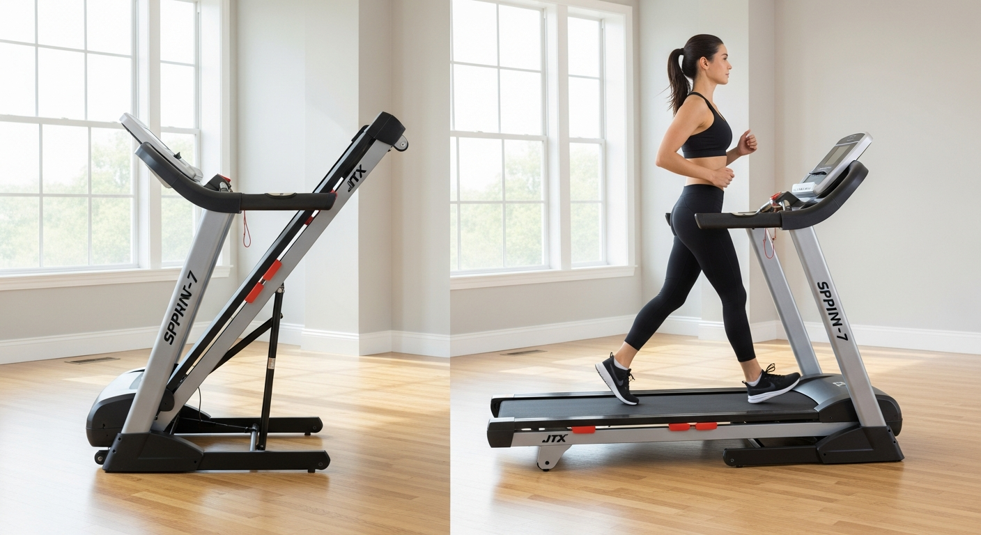 JTX Sprint-7 home folding treadmill with digital console and running deck display