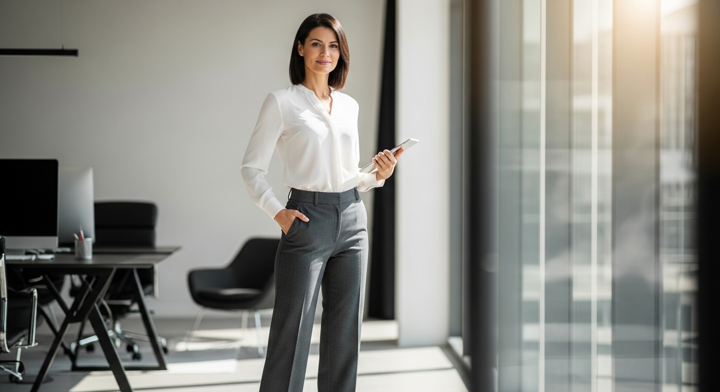Janet Howard NYC Classic Tailored Trousers displayed on professional model in modern office setting