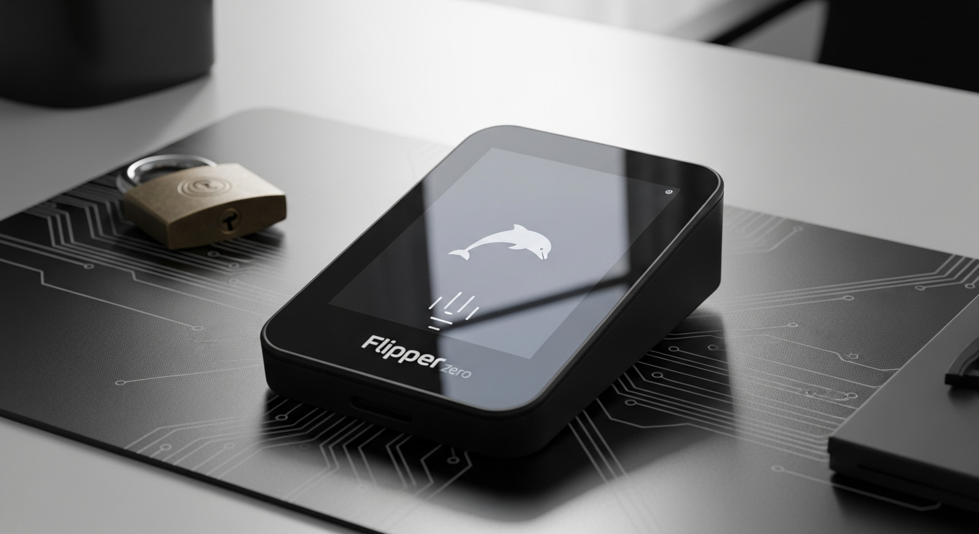 Flipper Zero portable multi-tool device with pixel art dolphin display and compact form factor