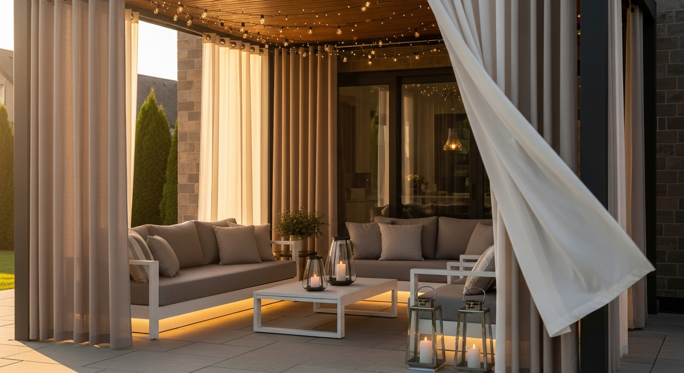 KGORGE waterproof grommet top outdoor patio curtains on pergola with sunlight filtering through fabric