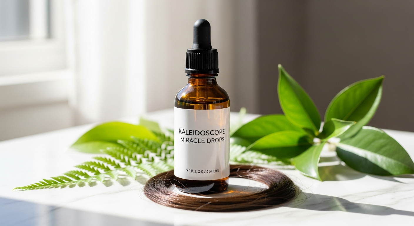 Kaleidoscope Miracle Drops Hair Growth Serum bottle with tea tree oil ingredient displayed