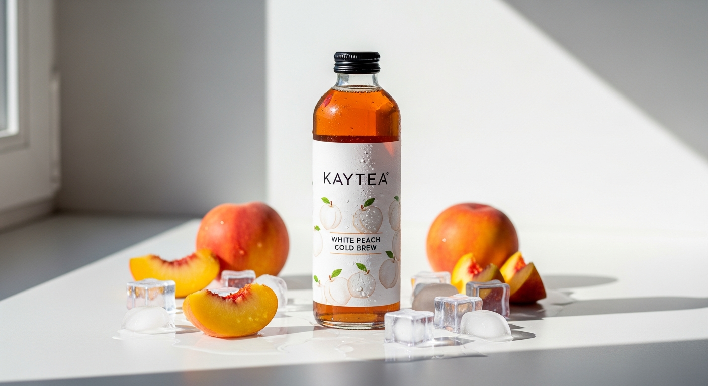 KAYTEA White Peach Cold Brew Ice Tea can displayed on professional workspace desk