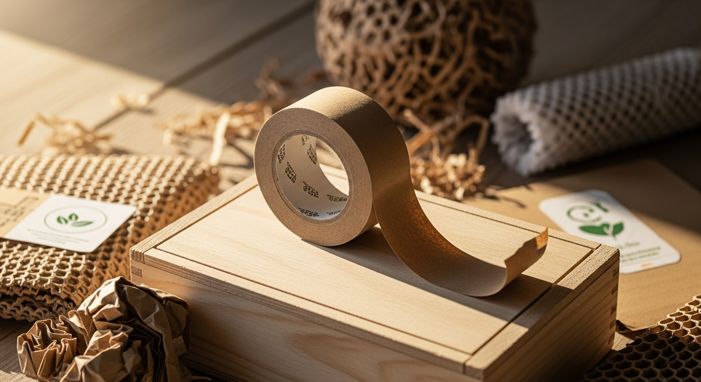 Biodegradable paper tape roll on cardboard box for eco-friendly packaging