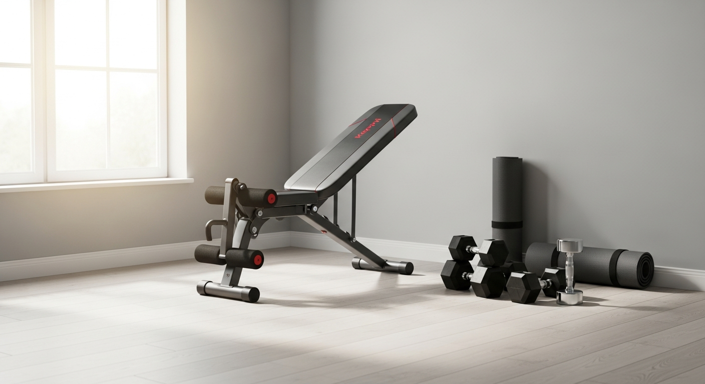 Keppi Adjustable Weight Bench 500 folded flat in small apartment bedroom space
