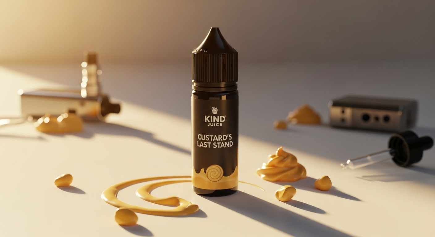 Kind Juice Custard's Last Stand organic e-liquid bottle with butterscotch and cognac flavor notes displayed