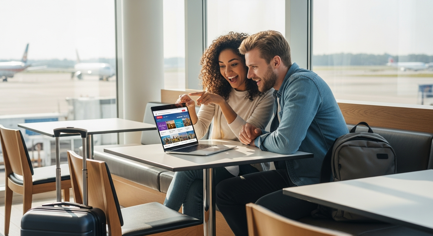 Laptop showing Lastminute.com flight and hotel deals on screen