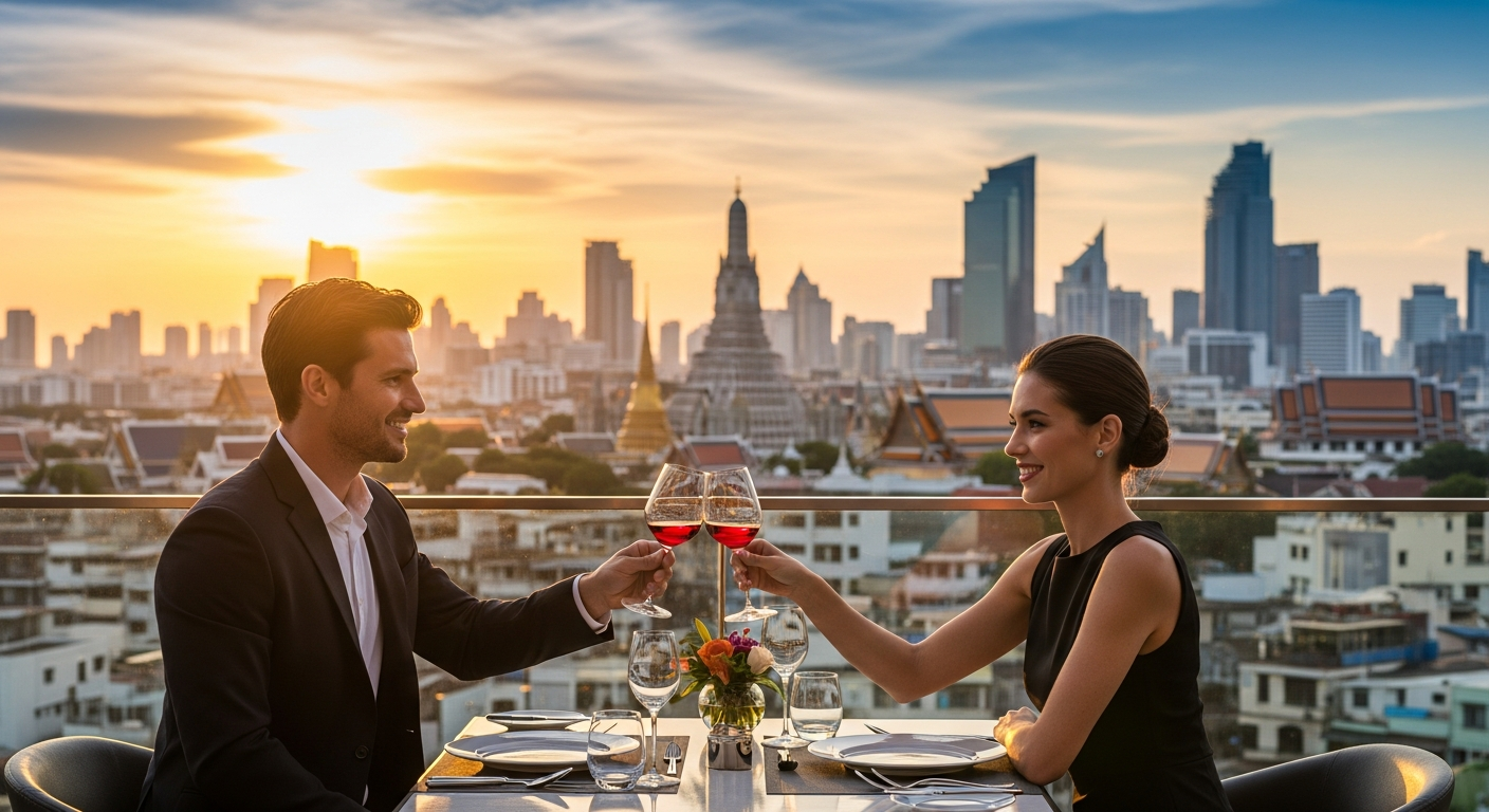 Aerial view of Sirocco Restaurant's golden dome on Lebua's 64th floor with Bangkok skyline