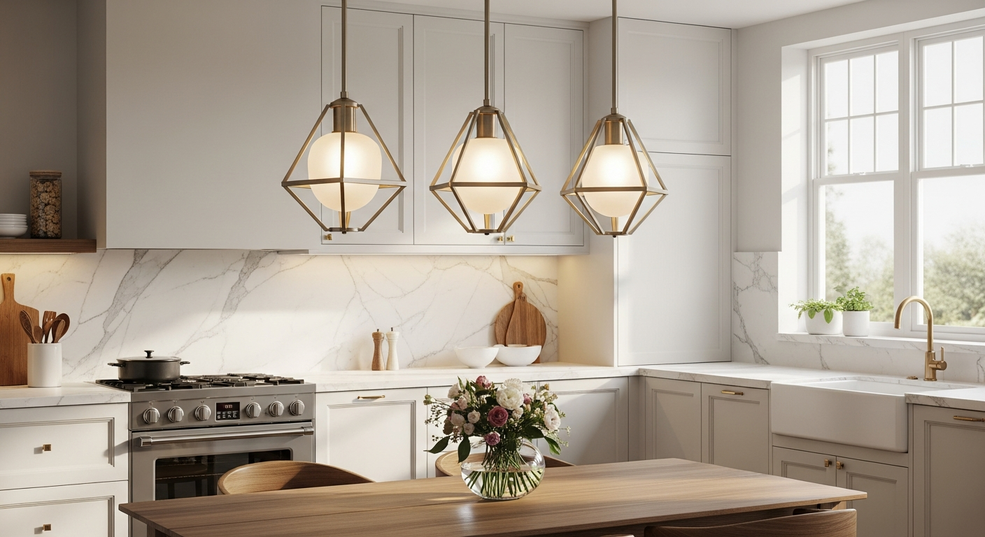 Modern LED pendant lamp with brushed aluminum finish hanging above kitchen island