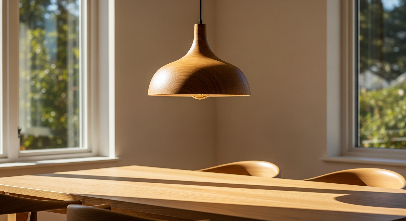 Handcrafted sustainable oak wood pendant lamp hanging in modern minimalist interior space