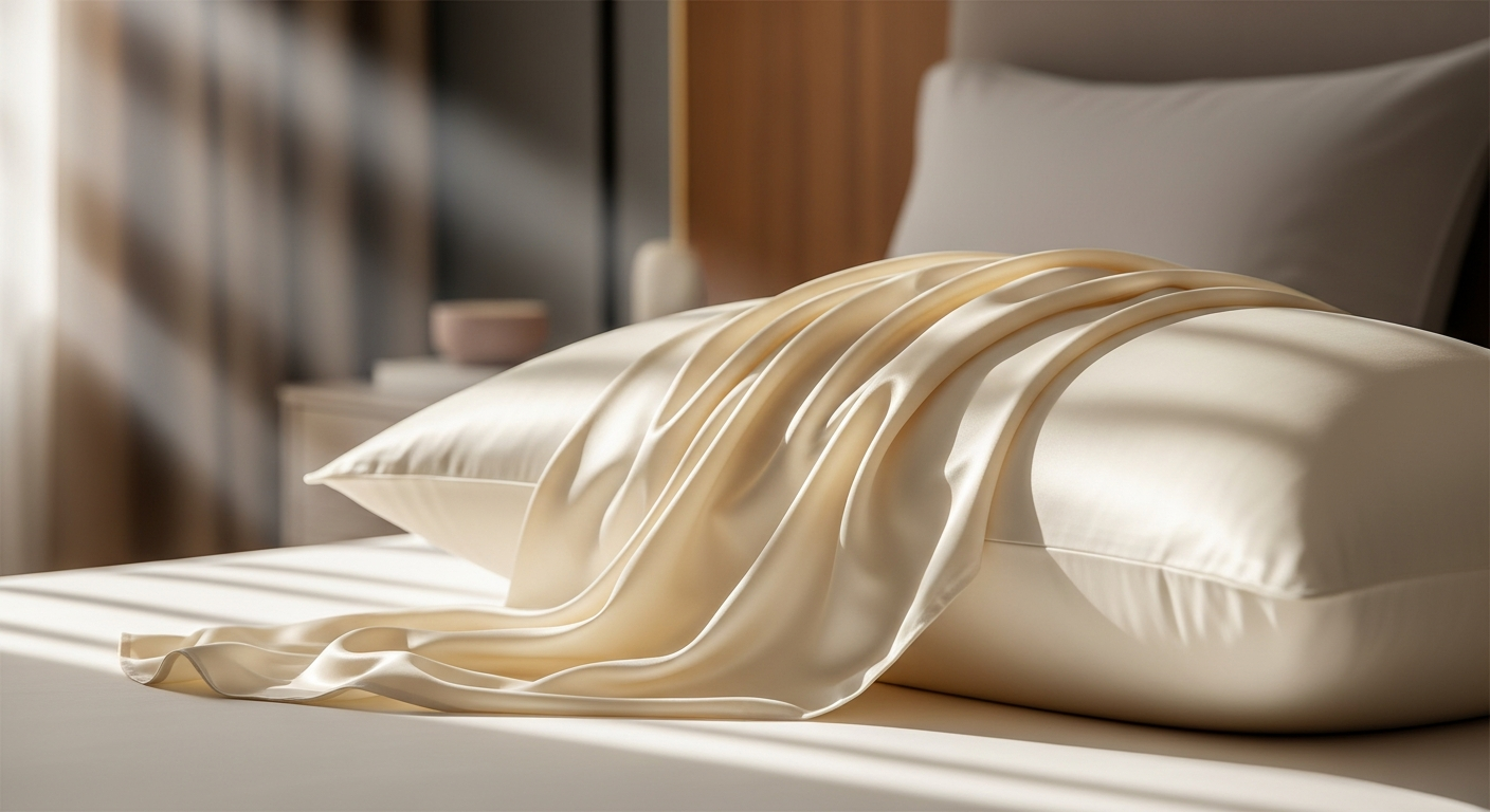 Lilysilk 25 Momme silk pillowcase in ivory displayed on a bed with luxury bedding
